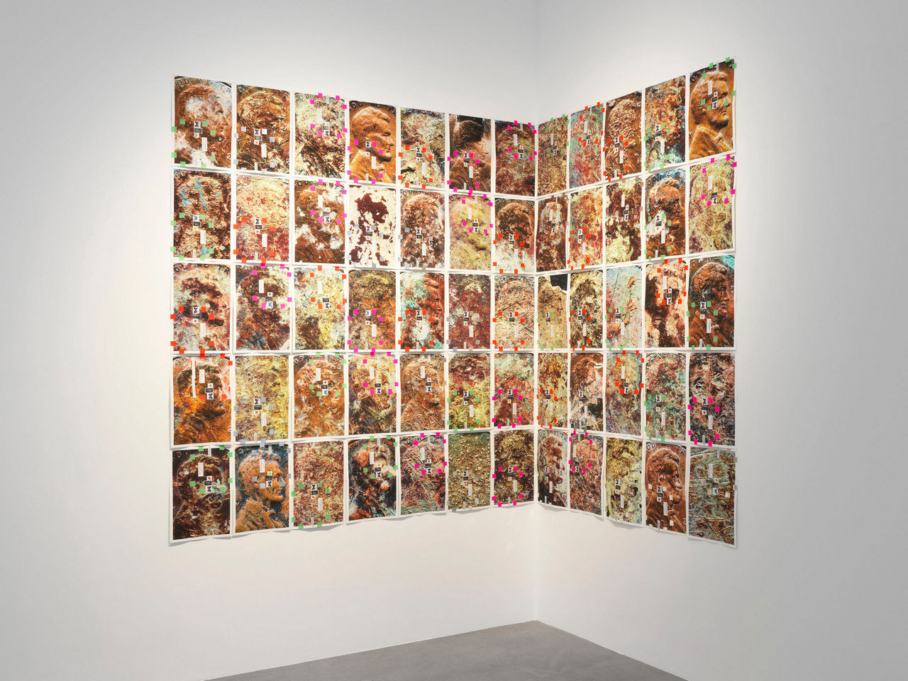 Moyra Davey, Hell Notes (1990/2017), Super-8-film transferred to HD, color, sound; EM Copperheads 151–210, J.L. + R.B.G., n.b.k. (1990–2025), 60 pigment prints, tape, postage, ink, exhibition view Moyra Davey, Neuer Berliner Kunstverein (n.b.k.), 2025 © Photo: n.b.k. / Jens Ziehe