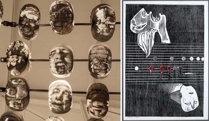 Left: Carlos Aires, BLIND, 2025. Installation view Sabrina Amrani’s Gallery, Madrid, 2025. Courtesy of Sabrina Amrani gallery & Carlos Aires Studio. © Juan Carlos Quindós, SABAM Belgium 2025 Right: Augustin Ibarralo, Paisajes de Euskadi series, ca. 1970-1979. Museo Nacional Centro de Arte Reina Sofía