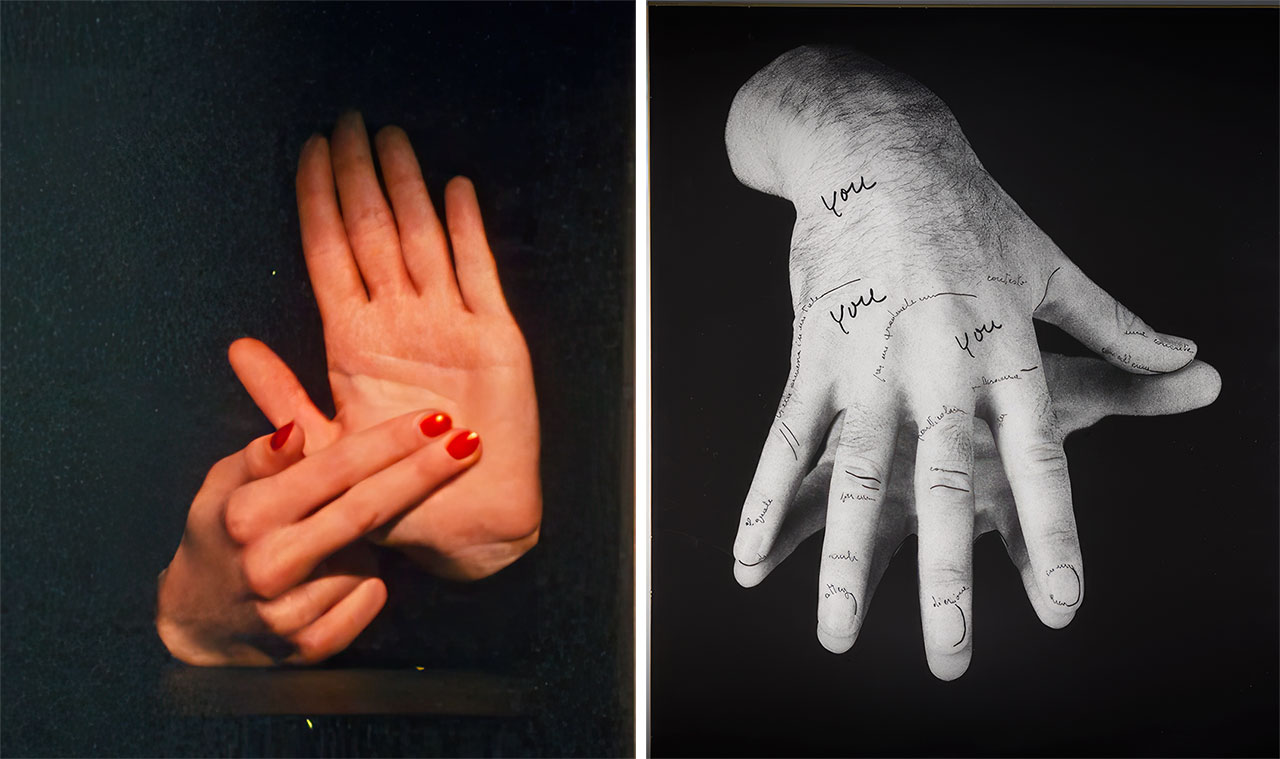 Left: VALIE EXPORT, SYNTAGMA, 1983 (film still) , 16 mm, 18 min, colour, © VALIE EXPORT / SIAE 2025. Courtesy of Thaddaeus Ropac Gallery, London, Paris, Salzburg, Milan, Seoul Right: KETTY LA ROCCA, Le mie parole e tu (3), 1971 (detail), Photograph with handwritten text, 60 × 50 cm (23.62 × 19.69 in), ©Archive Ketty La Rocca Michelangelo Vasta. Courtesy of Thaddaeus Ropac Gallery, London, Paris, Salzburg, Milan, Seoul