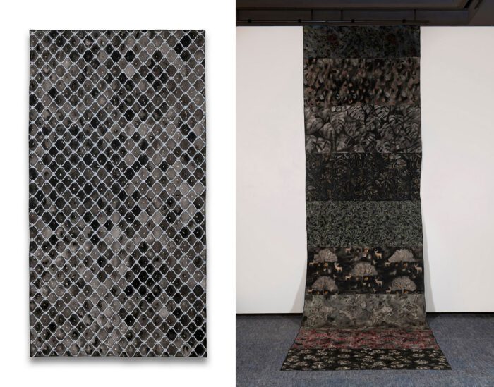 Left: Neriman Polat, 'O Freedom', 2024, Acrylic paint on digital printed fabric, 180 x 98 cm, © Neriman Polat, Courtesy the artist and Zilberman Gallery Belin-Istanbul Right: Neriman Polat, 'Döşemelik', 2024, Acrylic paint on patterned fabric, 494 x 138 cm, © Neriman Polat, Courtesy the artist and Zilberman Gallery Belin-Istanbul