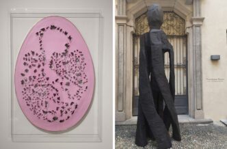 Photo left: Lucio Fontana. Concetto spaziale, La Fine di Dio (1963) Oil on canvas, 178 x 123 cm. Photo © & Courtesy Valia Katsimpa.  Photo right: Georg Baselitz. Cowboy (2024). Bronze, 1480kg. 403 x 118 x 116 cm. Photo © & Courtesy Valia Katsimpa