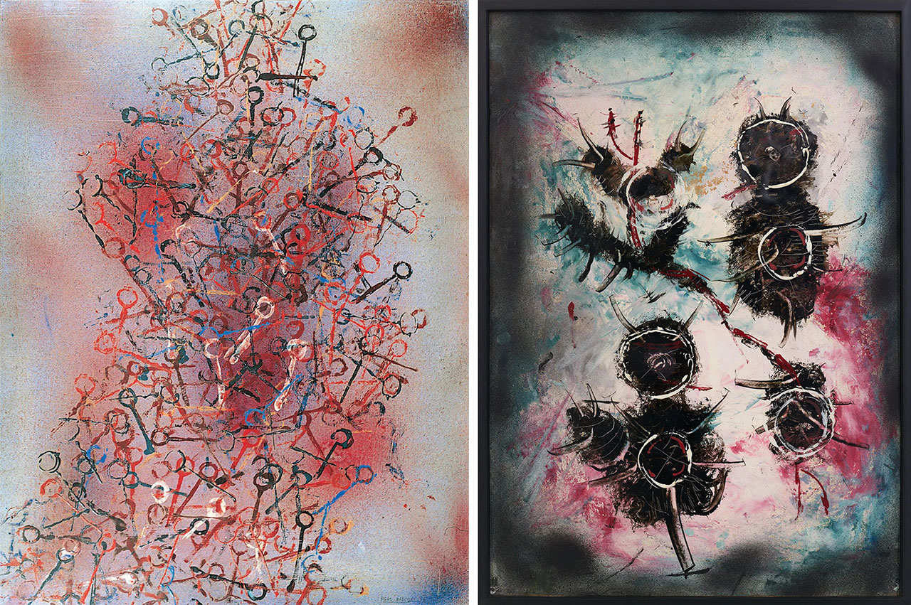 Left: Piero Manzoni, Domani chi sa (Tomorrow who knows), 1956, Enamel, tempera and wax on board, 90 × 70 cm / 35 3/8 × 27 1/2 in, © Fondazione Piero Manzoni, Milano Photo: Jon Etter, Courtesy © Fondazione Piero Manzoni & Hauser & Wirth Gallery Right: Piero Manzoni, Senza titolo (Untitled), 1956, Enamel, tempera and bitumen on canvas, 90 x 70 cm / 35 3/8 x 27 1/2 in, 94.5 x 75 x 5 cm / 37 1/4 x 29 1/2 x 2 in (framed), © Fondazione Piero Manzoni, MilanoPhoto: Matteo Zarbo, Courtesy © Fondazione Piero Manzoni & Hauser & Wirth Gallery