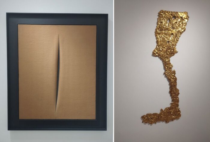 Left: Lucio Fontana. Concetto spaziale, Attesa (1964) Oil on canvas. 73 x 60.3 cm. Photo © & Courtesy Valia Katsimpa Right: Georg Baselitz. Lucios Halbinsel (2020) Bronze fire-gilded. 160.5 x 59.5 x 2.8 cm. Photo © & Courtesy Valia Katsimpa