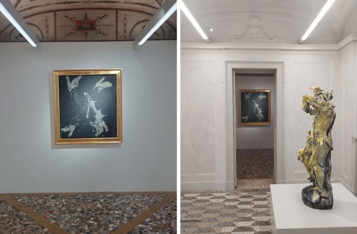 Left: Georg Baselitz. Aurora viene (2015) Oil on canvas, 117.4 x 107.2 x 7 cm. Photo © & Courtesy Valia Katsimpa Right: Installatinon view, Georg Baselitz & Lucio Fontana: L’aurora viene, Thaddaeus Ropac Milan, 2025. Photo © & Courtesy Valia Katsimpa
