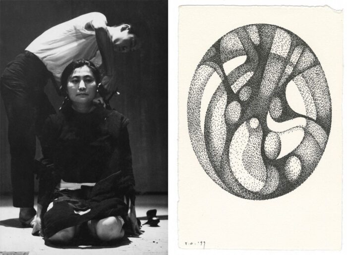 Left: Yoko Ono, CUT PIECE, 1964, 16mm B/W film and stereo sound, transferred to video, Performed by Yoko Ono in New Works of Yoko Ono, Carnegie Recital Hall, New York, March 21, 1965, Filmed by David and Albert Maysles Duration: 8’ 27”, © Yoko Ono, Courtesy the artist and MUSAC (Museo de Arte Contemporaneo de Castilla y Leon) Right: Yoko Ono, FRANKLIN SUMMER, 1994-2006 36 ink on paper drawings, 40 x 27.9 each, © Yoko Ono, Courtesy the artist and MUSAC (Museo de Arte Contemporaneo de Castilla y Leon)