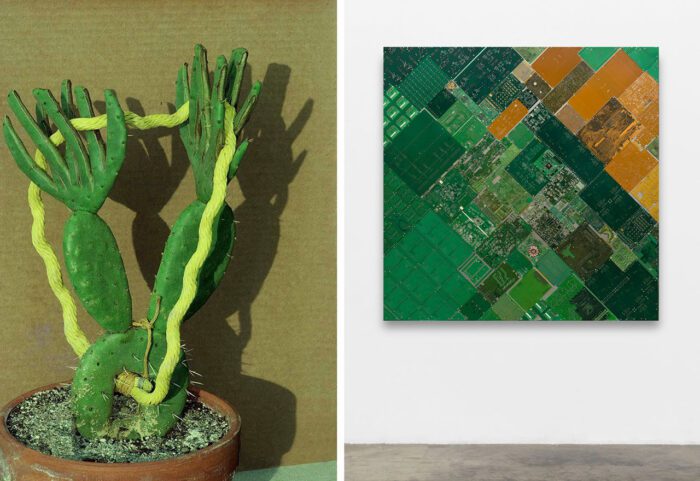 Left: Carl Cheng, California Bonsai Laboratory, 1966-1990, Photo documentation, © Carl Cheng, Courtesy the artist Right: Carl Cheng, Anthropocene Landscape 2, 2006. Printed circuit boards and rivets on aluminum, © Carl Cheng, Courtesy the artist and Philip Martin Gallery, Los Angeles, Photo Credit: Jeff McLane