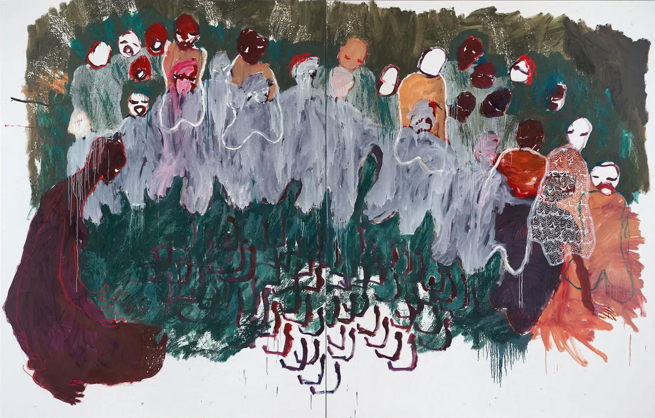 Portia Zvavahera, Kubudiswa (redeemed), 2025, Oil based printing ink and oil bar on linen, 105 3/8 x 165 1/4 inches (267.7 x 419.6 cm), Framed: 106 5/8 x 166 3/8 inches (270.7 x 422.6 cm), © Portia Zvavahera, Courtesy the artist and David Zwirner Gallery