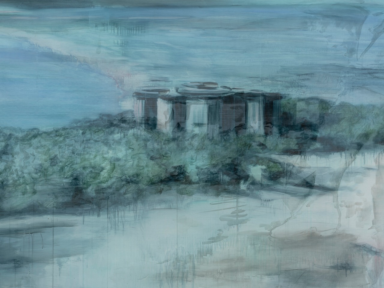 Sandra Del Pilar, En Gallipolli, from the series: Remainings, 2025, Oil on canvas and transparent fibers, 155 x 295 cm, © Sandra Del Pilar, Courtesy the artist