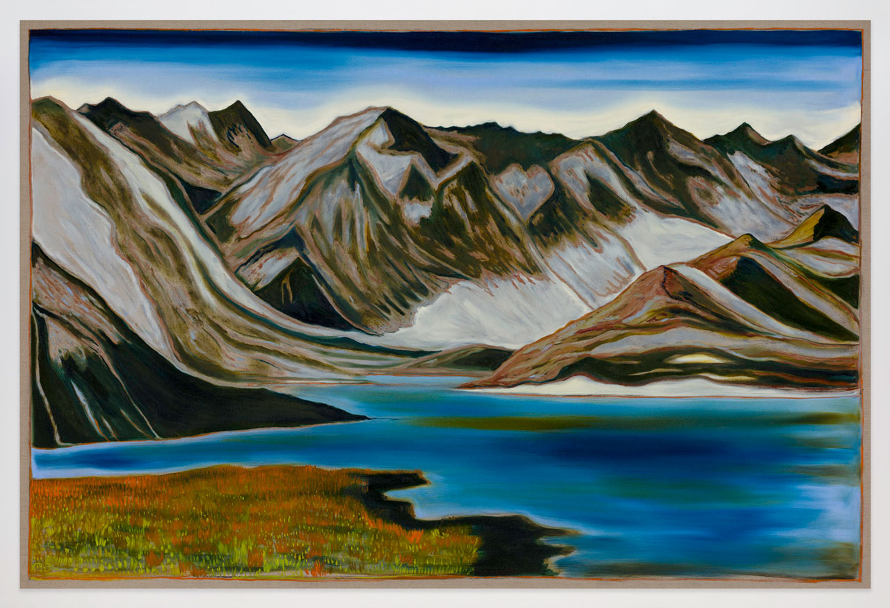 Billy Childish, lake beneath mountains, 2025, Oil and charcoal on linen, 72 x 107 7/8 inches, 183 x 274 cm, © Billy Childish, Courtesy the artist and Lehmann Maupin