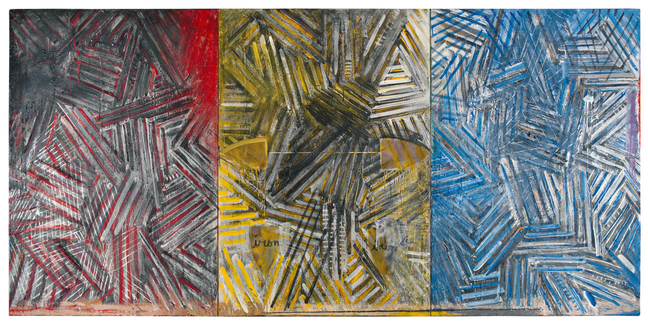 Jasper Johns, Weeping Woman, 1975, Encaustic, charcoal, and collage on canvas, in 3 parts (joined), 50 1/8 x 102 3/8 inches (127.3 x 260 cm), © 2026 Jasper Johns/Licensed by VAGA at Artists Rights Society (ARS), New York, Photo: Jamie Stukenberg, Professional Graphics, Rockford, Ill. © The Wildenstein Plattner Institute, Inc., New York, 2025, Courtesy Gagosian