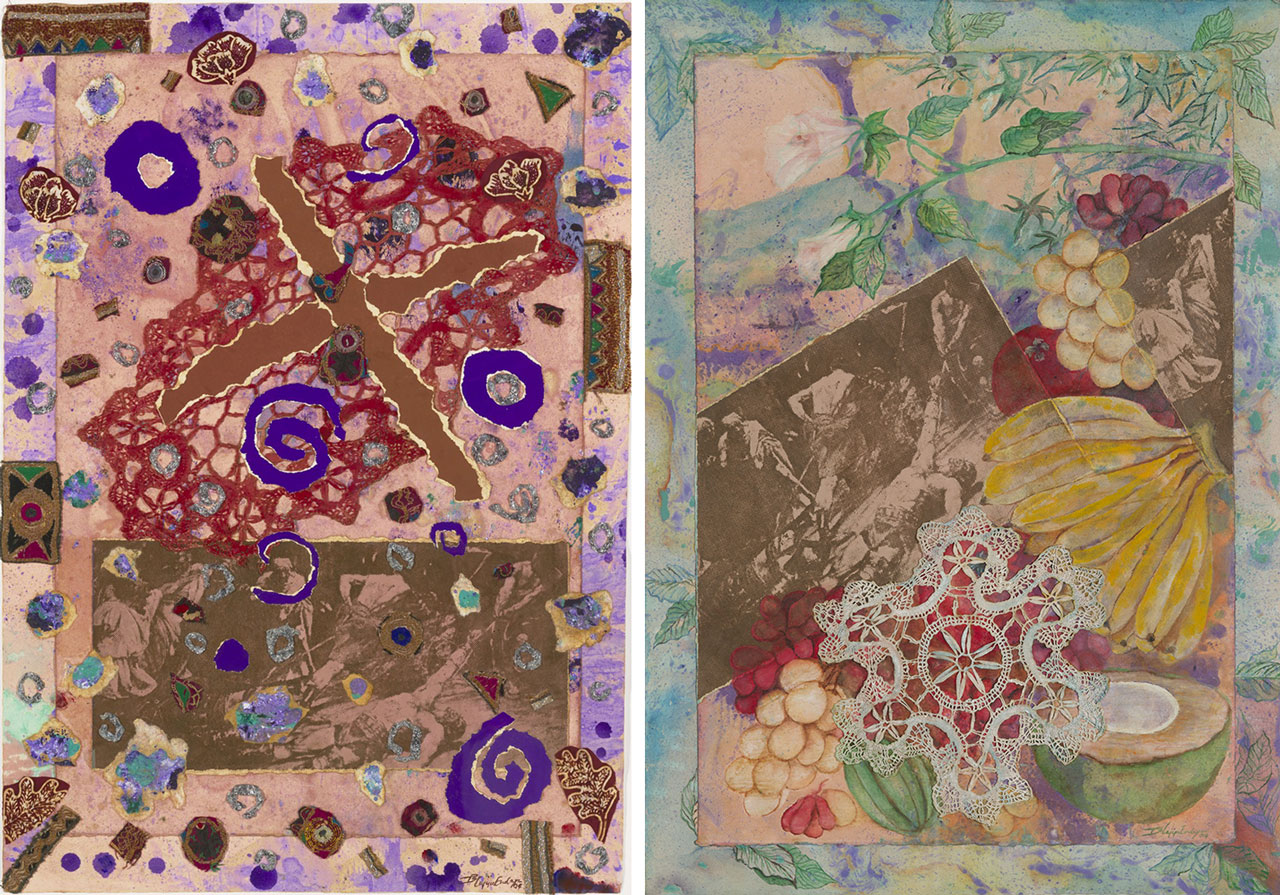 Left: Imelda Cajipe Endaya. Juan Luna and Pacita Abad. 2004. Oil, acrylic and collage on paper, 63.5 × 44.5 cm. Collection of National Gallery Singapore. © Imelda Cajipe Endaya Right: Imelda Cajipe Endaya. Juan Luna and Paz Paterno. 2004. Oil, acrylic, watercolour, and collage of silkscreen and crochet on arches paper, 65.5 × 45.5 cm. Collection of Amaryllis T. Torres