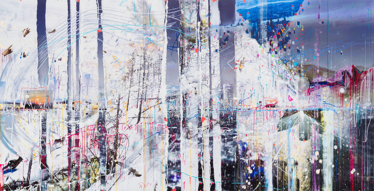 Sarah Sze, Breathless, 2026, Oil paint, acrylic paint, acrylic polymers, ink, Dibond, aluminum, and wood, 103 1/4 x 202 x 3 inches (262.3 x 513.1 x 7.6 cm), © Sarah Sze, Photo: Maris Hutchinson, Courtesy the artist and Gagosian