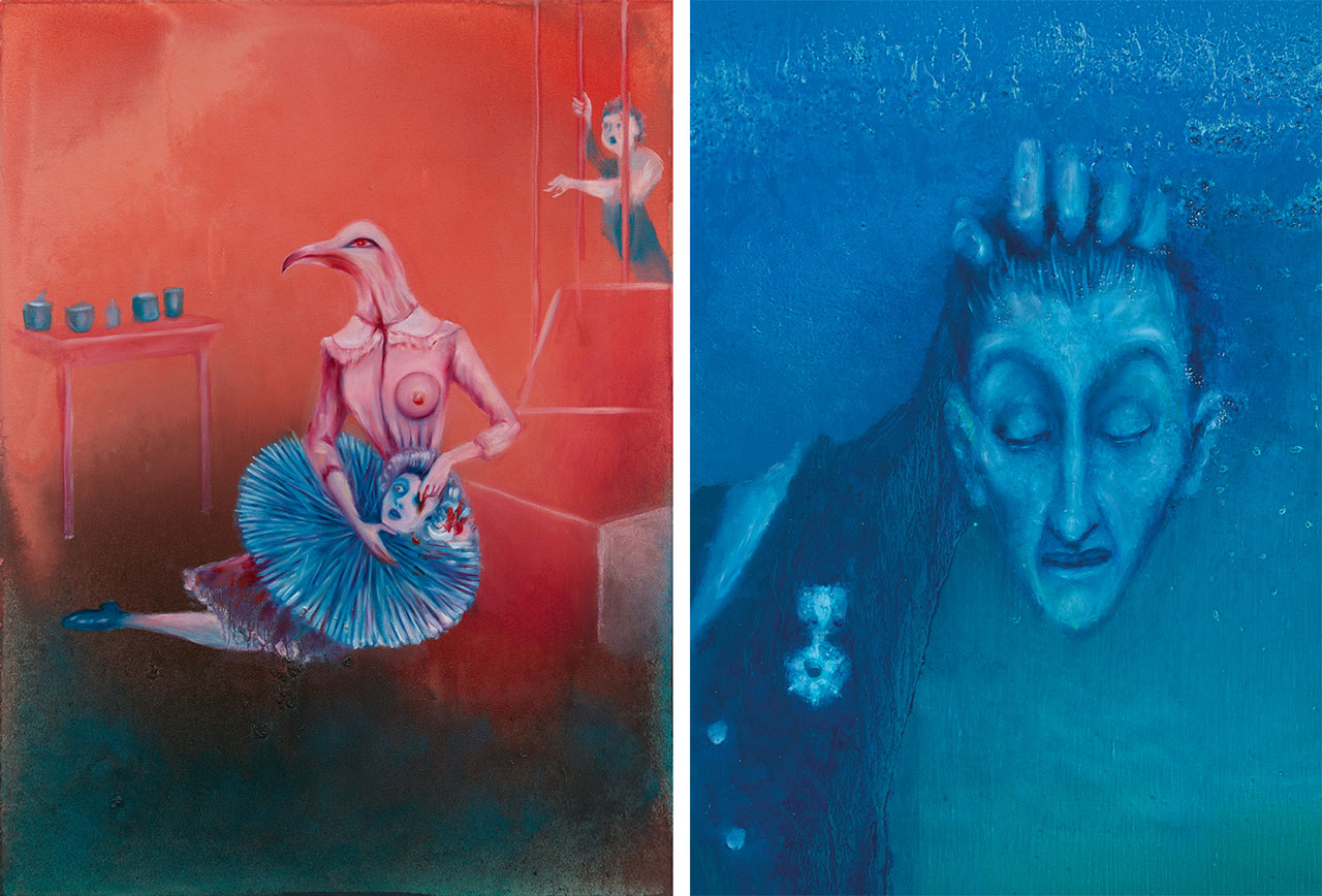 Photo left: Marianna Simnett, Headless #1, 2025, © Courtesy the artist and Société, Berlin, Photo: Thomas Müller. Photo right: Marianna Simnett, Headless #2, 2025, detail, © Courtesy the artist and Société, Berlin, Photo: Jürgen Vogel for the Max Ernst Museum Brühl of the LVR