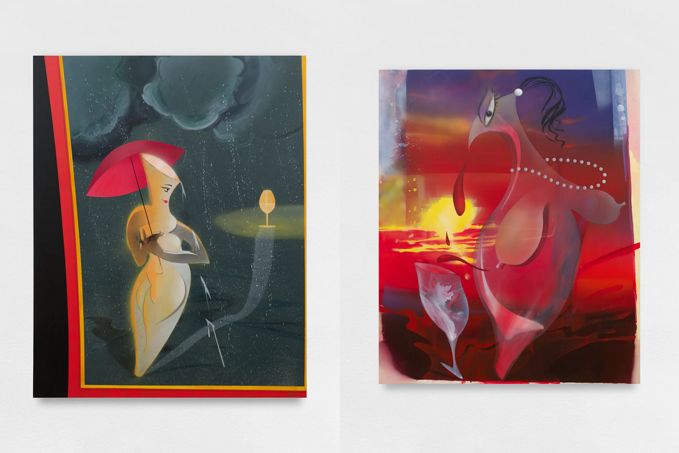 Photo left: Hoda Kashiha, Gaze into a Glass of Wine in the Rainy Night, 2025, Acrylic and pastel on canvas, 150 x 120 x 4 cm (59 x 47 3/16 x 1 9/16 inches), © Hoda Kashiha, Courtesy the artist and Galerie Nathalie Obadia Photo right: Hoda Kashiha, Drink, Drink until the Red Flows Everywhere like Blood from the Trail of that Crimson the Sun Slowly Rise, 2025, Acrylic and pastel on canvas, 180 x 150 x 4 cm (70 13/16 x 59 x 1 9/16 inches), © Hoda Kashiha, Courtesy the artist and Galerie Nathalie Obadia