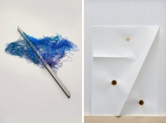 Photo left: Sheila Hicks, © Sheila Hicks, Courtesy the artist and Galleria Massimo Minini Photo right: Paolo Icaro, St., 2019, Fabriano paper, 33 × 48 cm, © Paolo Icaro, Courtesy the artist and Galleria Massimo Minini