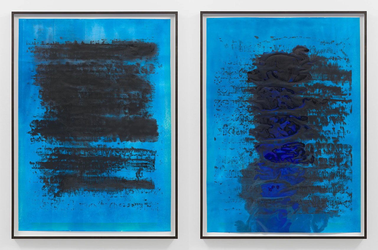 Photo left: Glenn Ligon, Blue (for JB) #12, 2025, Carbon ink and acrylic on torinoko paper, 198.1 x 142.2 cm / 78 x 56 in, © Glenn Ligon, Courtesy of the artist, Hauser & Wirth, and Thomas Dane Gallery. Photo right: Glenn Ligon, Blue (for JB) #10, 2025, Carbon ink and acrylic on torinoko paper, 198.1 x 142.2 cm / 78 x 56 in, © Glenn Ligon, Courtesy of the artist, Hauser & Wirth, and Thomas Dane Gallery