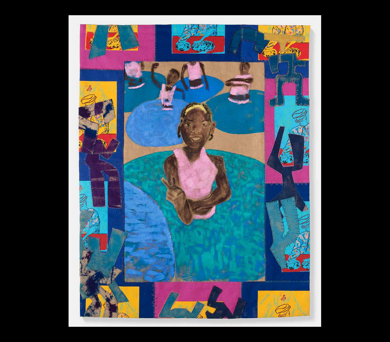 Alvaro Barrington, On the Road (TMS) A13, Blue Dancers, Kids Day, 2024-26. Oil, acrylic, flash, enamel on burlap / silk screen printed burlap, cotton linen, waxed cotton thread. 250 × 210 cm (98.43 × 82.68 in), © Alvaro Barrington, Courtesy the artist and Thaddaeus Ropac Gallery