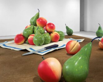 Claes Oldenburg & Coosje van Bruggen, Balzac Pétanque, 2002, fiber-reinforced plastic, cast epoxy and stainless steel painted with polyester gelcoat, 8'6" x 44'7" x 55'1" (2.45 m x 13.59 m x 16.79 m), Installation dimensions variable, Exhibition view, Pace Gallery-New York, 2002, Courtesy Pace Gallery