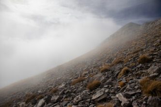 Vangelis Papathanasiou, Mystery at the Summit, October 2023, Black‑and‑White Photograph Mounted on KapaFix, 30×40 cm. © Vangelis Papathanasiou