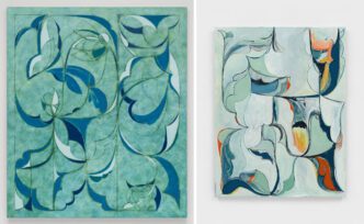 Photo left: Kamrooz Aram, Murmurations, 2023, Oil, oil crayon, and pencil on linen, 84 x 72 in (213.4 x 182.9 cm), © Kamrooz Aram, Courtesy the artist and Alexander Gray Associates. Photo Right: Kamrooz Aram, Old World Telepathy, 2026, Oil, oil crayon, oil stick, and pencil on linen, 66 x 51 1/8 in (167.6 x 129.9 cm) , © Kamrooz Aram, Courtesy the artist and Alexander Gray Associates