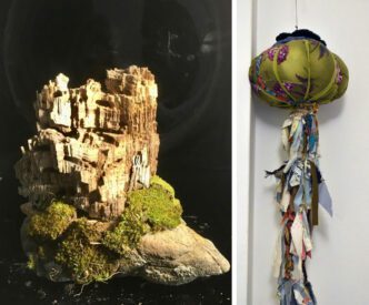 Photo left: Leda Alexopoulou, Keep walking 1, 2025, print, 28Χ17Χ15 cm. Photo right: Grigoria Vryttia, Jellyfish, 2021, repurposed fabrics, dimensions variable