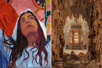 Left: Claire Tabouret, Model, detail © Claire Tabouret © photo Marten Elder, 2025 Right: Eva Jospin, exhibition view, Palazzo, 2023, Palais des Papes, Avignon © photo Benoît Fougeirol © ADAGP, Paris, 2025