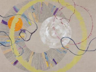 Jessica Rankin, “Loop up the Sky Swooping” (JR) Jennifer Rankin, 2026, Acrylic and embroidery on linen, 182,9 × 243,8 × 3,8 cm, © Jessica Rankin, Courtesy the artist and Carlier | Gebauer Gallery
