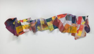 Sam Gilliam, Silhouette on Template, 1994 Painted fabric collage, stitched Installation Dimensions: 120 x 402 x 36 cm (47 x 158 x 14 inches). Courtesy Pace Gallery
