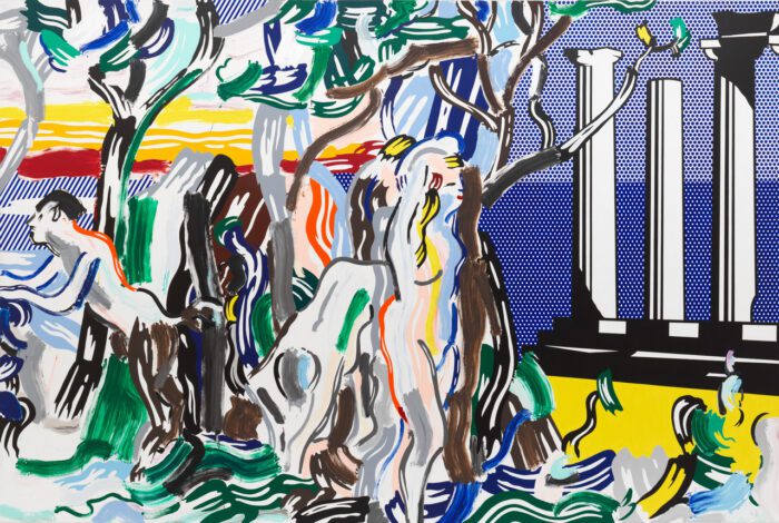 oy Lichtenstein, Forest Scene with Temple, 1986, Acrylic, oil, and graphite pencil on canvas, 120 x 180 1/4 inches (304.8 x 457.8 cm), © Estate of Roy Lichtenstein, Photo: Maris Hutchinson, Courtesy Gagosian