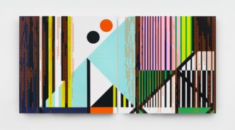 arah Morris, Bank of China 2025, Household gloss paint on canvas, 289.2 x 582.4 cm | Overall: 113 3/4 x 229 1/4 in., 289.2 x 289.2 cm | Diptych, each: 113 7/8 x 113 7/8 in., © Sarah Morris, Courtesy the artist and White Cube Gallery