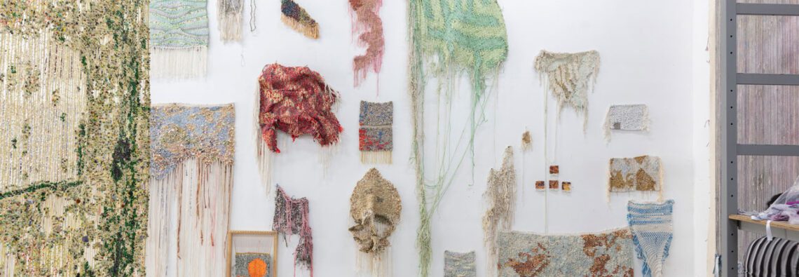 Studio installation of swatches, 2025 Courtesy of the artist, Thomas Dane Gallery and blank projects, Cape Town Photo: Mario Todeschini © Igshaan Adams