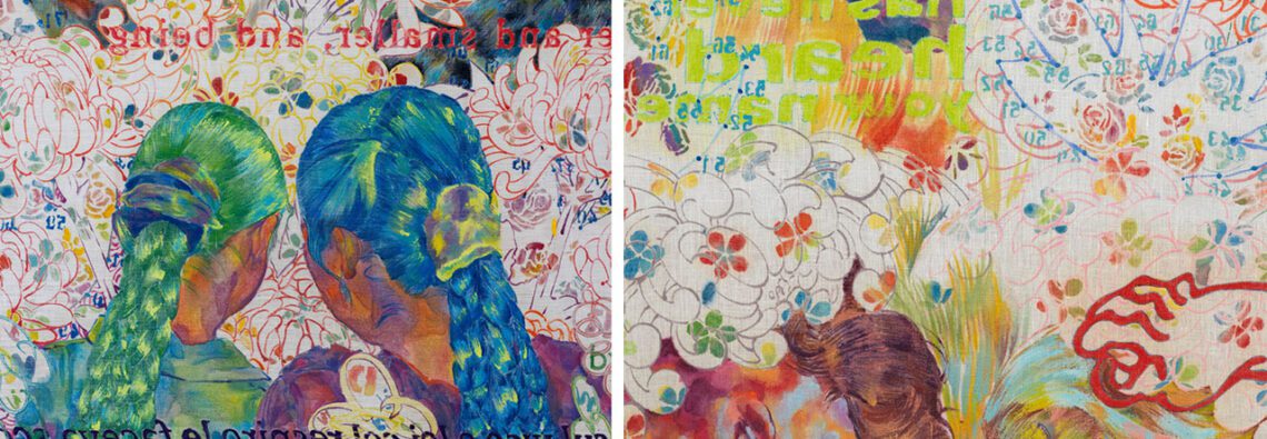 left & right: Giuditta Branconi, Se seguissi le molliche di pane (non torneresti qui mai più) / If you followed the breadcrumbs (you'd never get back here) [detail], 2026, oil on linen, wooden structure, © Giuditta Branconi, Courtesy the artist; L.U.P.O Gallery, Milan, Photo. Dario Lasagni