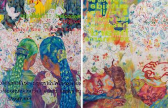 left & right: Giuditta Branconi, Se seguissi le molliche di pane (non torneresti qui mai più) / If you followed the breadcrumbs (you'd never get back here) [detail], 2026, oil on linen, wooden structure, © Giuditta Branconi, Courtesy the artist; L.U.P.O Gallery, Milan, Photo. Dario Lasagni