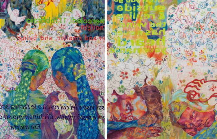 left & right: Giuditta Branconi, Se seguissi le molliche di pane (non torneresti qui mai più) / If you followed the breadcrumbs (you'd never get back here) [detail], 2026, oil on linen, wooden structure, © Giuditta Branconi, Courtesy the artist; L.U.P.O Gallery, Milan, Photo. Dario Lasagni