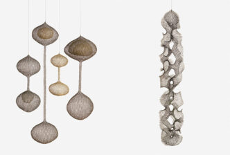 Photo left: Ruth Asawa, Untitled (S.046a-d, Hanging Group of Four, Two-Lobed Forms), 1961; copper and brass wire, (a): 152.4 x 43.2 x 17.8 cm; (b): 53.3 x 30.5 x 30.5 cm; (c): 81.3 x 33 x 33 cm; (d): 104.l x 40.6 x 40.6 cm; Collection of Diana Nelson and John Atwater, promised gift to the San Francisco Museum of Modern Art;© 2026 Ruth Asawa Lanier, Inc., courtesy David Zwirner; photo: Laurence Cuneo. Photo Right: Ruth Asawa, Untitled (S.433, Hanging Nine Open Hyperbolic Shapes Joined Laterally), ca. 1958; copper wire; 193 x 38.l x 38.l cm; William Roth Estate;© 2026 Ruth Asawa Lanier, Inc., courtesy David Zwirner; photo: Laurence Cuneo