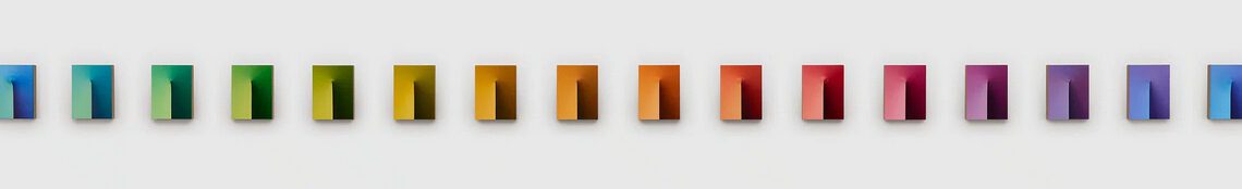 Loie Hollowell, Spectrum XVI, 2024, oil paint, acrylic medium, aqua resin, epoxy resin, and sawdust on linen over panel, 16 parts, each 12-1/8" × 9" × 2-1/2" (30.8 cm × 22.9 cm × 6.4 cm), © Loie Hollowell, Courtesy the artist and Pace Gallery