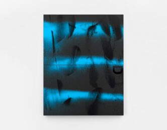 dam Pendleton, Black Dada (D), 2025-26, Silkscreen ink and black gesso on canvas, two parts Overall: 60 x 47 ½ in. (152.4 x 120.7 cm) Framed: 63 ⅜ x 50 ⅝ x 3 ⅜ in. (160.7 x 128.6 x 8.6 cm), Courtesy Adam Pendleton Studio