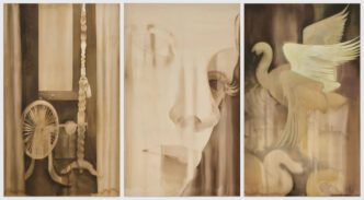 Anna Ruth, Kolovrat, Closer Than Allowed, Muscle Memory, 2026, Acrylic on canvas, triptych, 250 x 450 cm | 98 3/8 x 177 1/8 in (overall), © Anna Ruth, Courtesy the artist and GRIMM Gallery