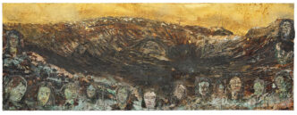 nselm Kiefer, Die Oreaden, 2025, Emulsion, oil paint, acrylic paint, shellac, gold leaf, electrolysis sediments, and canvas-to-canvas adhesion, 280 × 760 cm (110.24 × 299.21 in), © Anselm Kiefer, Courtesy the artist and Thaddaeus Ropac Gallery