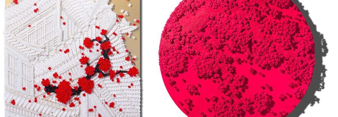 Left: Ran Hwang, The Red Wind, 2022, Plastic buttons, beads and pins on wood panel, 140 x 110 cm | 55.1 x 43.3 in., © Ran Hwang, Courtesy the artist and Leila Heller Gallery Right: Ran Hwang, Beyond the Serenity, 2024, Paper buttons, beads, pins, and crystals on Plexiglass, painting, 53.85 x 61.98 cm | 21.2 x 24.4 in., © Ran Hwang, Courtesy the artist and Leila Heller Gallery
