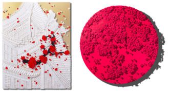 Left: Ran Hwang, The Red Wind, 2022, Plastic buttons, beads and pins on wood panel, 140 x 110 cm | 55.1 x 43.3 in., © Ran Hwang, Courtesy the artist and Leila Heller Gallery Right: Ran Hwang, Beyond the Serenity, 2024, Paper buttons, beads, pins, and crystals on Plexiglass, painting, 53.85 x 61.98 cm | 21.2 x 24.4 in., © Ran Hwang, Courtesy the artist and Leila Heller Gallery