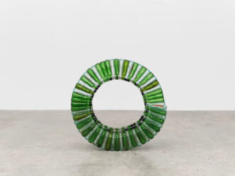 David Hammons, Untitled (wine bottles), 1989, Green and white glass bottles, silicone glue, 96 x 96 x 20 cm | 37 3/4 x 37 3/4 x 7 3/4 in, Courtesy White Cube Gallery