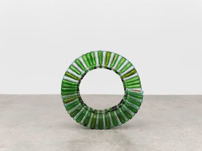 David Hammons, Untitled (wine bottles), 1989, Green and white glass bottles, silicone glue, 96 x 96 x 20 cm | 37 3/4 x 37 3/4 x 7 3/4 in, Courtesy White Cube Gallery