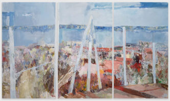Francesca Mollett, Inscape (after Cézanne), 2026, Oil on linen, triptych, 230.5 x 130.8 cm I 90 3/4 x 51 1/2 in (each) 230.5 x 400.1 cm I 90 3/4 x 157 1/2 in (overall), © Francesca Mollett, Courtesy the artist and Grimm Gallery