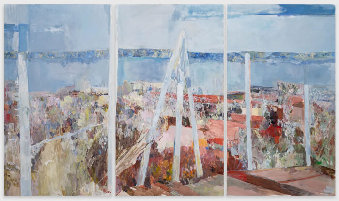 Francesca Mollett, Inscape (after Cézanne), 2026, Oil on linen, triptych, 230.5 x 130.8 cm I 90 3/4 x 51 1/2 in (each) 230.5 x 400.1 cm I 90 3/4 x 157 1/2 in (overall), © Francesca Mollett, Courtesy the artist and Grimm Gallery