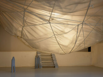 Christo and Jeanne-Claude, Air Package on a Ceiling (Project for the Institute of Contemporary Art, University of Pennsylvania, Philadelphia) (detail), 1968, Wood, paint, polyethylene, Mylar, twine, screws, and electric light, 17 x 27 1/2 x 27 1/8 inches (43.2 x 69.9 x 68.9 cm), © Christo and Jeanne-Claude Foundation, Photo: Prudence Cuming Associates Ltd, Courtesy Christo and Jeanne-Claude Foundation and Gagosian