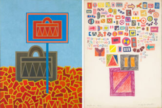 Left: Alexis Akrithakis Signal No 3, 1970, 146 x 110 εκ., Oil on canvas, © The Estate of Alexis Akrithakis Right: Alexis Akrithakis, The Glory of Letters, 1971, 42 × 30 cm, colored pencils on paper© The Estate of Alexis Akrithakis