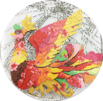 Ran Hwang, Soaring Agian M6, 2015, Paper buttons, beads, pins, and crystals on Plexiglass, 70.1 x 70.1 cm | 27.6 x 27.6 in. , © Ran Hwang, Courtesy the artist and Leila Heller Gallery