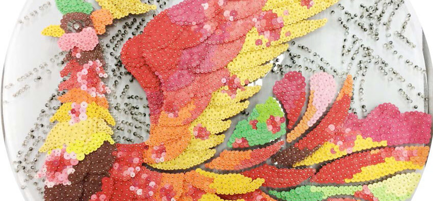 Ran Hwang, Soaring Agian M6, 2015, Paper buttons, beads, pins, and crystals on Plexiglass, 70.1 x 70.1 cm | 27.6 x 27.6 in. , © Ran Hwang, Courtesy the artist and Leila Heller Gallery