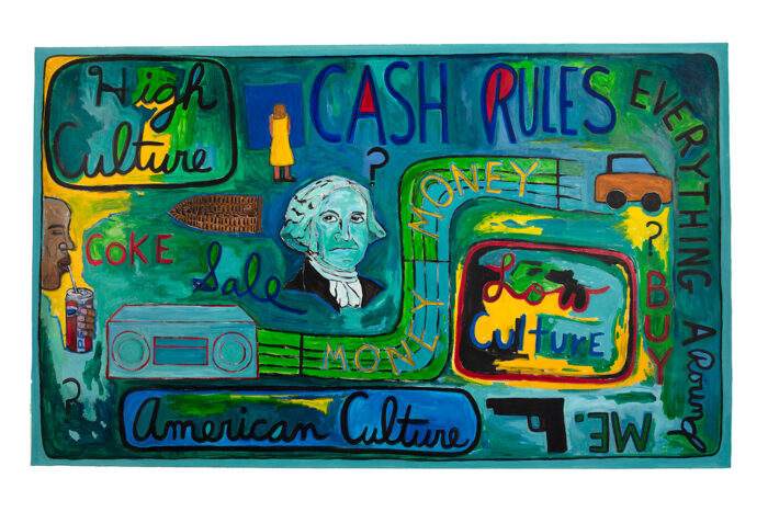 Willie Birch, Cash Rules Everything, 1994 , Mixed media on paper , 51.5 x 84.75 inches , Courtesy Willie Birch Studio